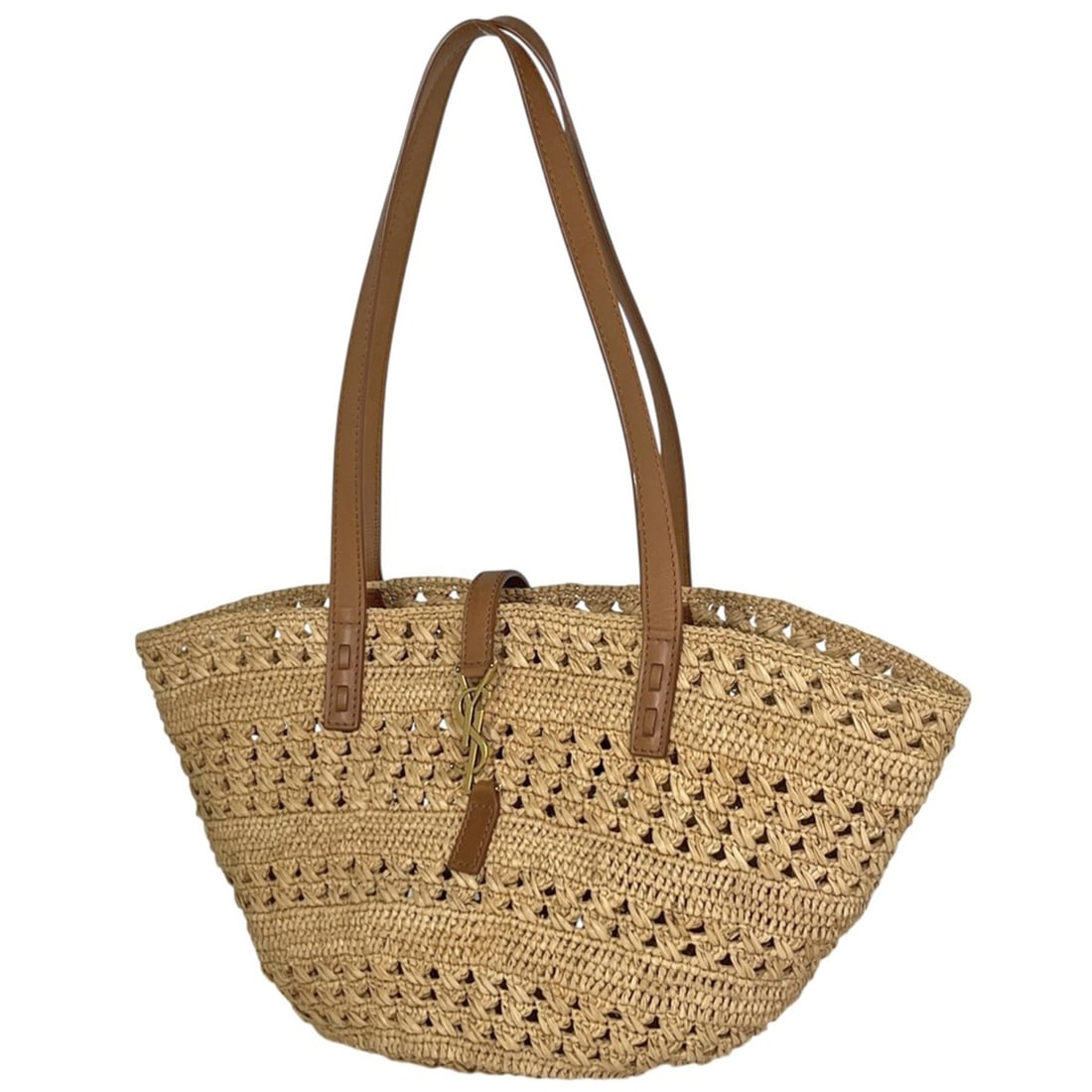 Yves Saint Laurent Pannier Small Crochet Basket Tote Bag in Raffia, Natural Brown, 685618, Women's (1 of 12)