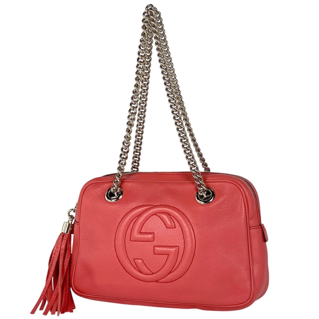 Gucci Soho Double Chain Shoulder Bag with Interlocking G Tassel and Fringe, Pink Leather, 308983,: --- Catalog ---Category: SizeSize (HxWxD): 17.5cm x 27cm x 8cm / 6.88'' x 10.62'' x 3.14''Category: DesignType: Shoulder bagColor: PinkGender: WomenMaterial: Leather Category: GeneralBrand: Gucci--- I