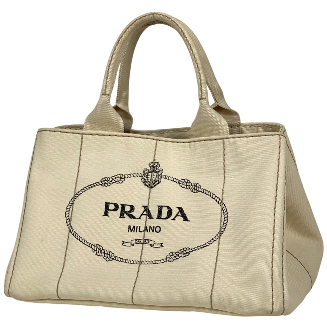Prada Canapa Tote Handbag with Logo Plate, Canvas, White, Women's (1 of 16)