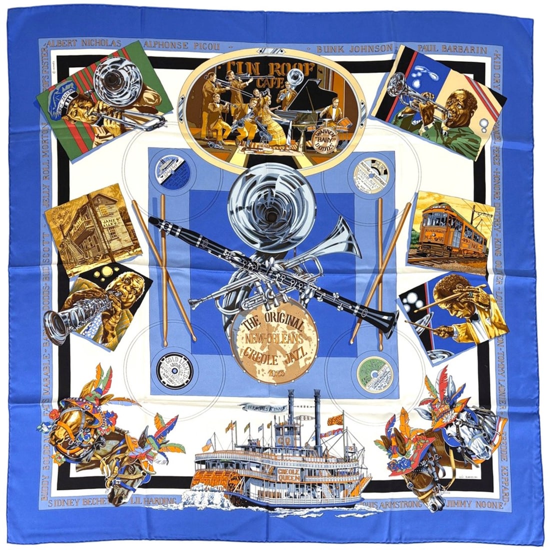Hermès HERMES Carré 90 "THE ORIGINAL NEW ORLEANS CREOLE JAZZ" Silk Scarf in Blue Multicolor for: --- Catalog ---Category: SizeSize (LxW): 89.5cm x 89.5cm / 35.23'' x 35.23''Category: DesignType: ScarfColor: Blue, Multi-colorGender: WomenMaterial: Silk Category: GeneralBrand: Hermes--- Item List -