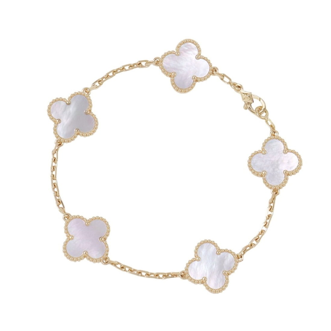 Van Cleef & Arpels Alhambra 5-Motif Bracelet in 18K Yellow Gold with Mother-of-Pearl Design: --- Catalog ---Category: SizeLength: 17.5cm / 6.88''Weight: 11.6g / 0.4oz.Total Length: 19cm / 7.48''Category: DesignType: Charm braceletGender: WomenSeason: VintageMaterial: Yellow gold (18K)Category