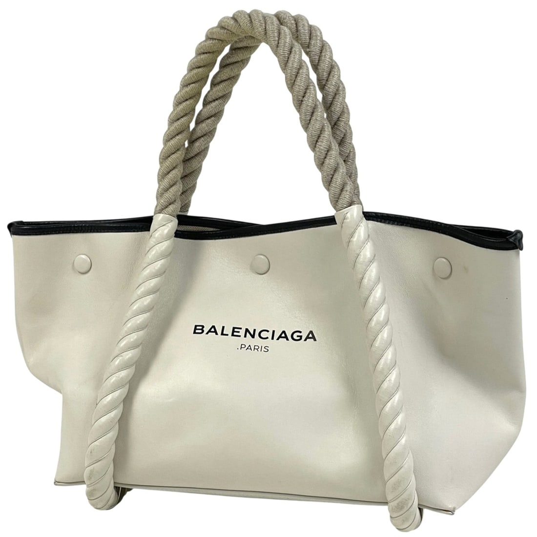 Balenciaga Navy Cabas Handbag with Rope Handles, Canvas Tote Bag, Ivory, 339933, Women's: --- Catalog ---Category: SizeSize (HxWxD): 23.5cm x 31cm x 16cm / 9.25'' x 12.2'' x 6.29''Category: DesignType: Handbag, Tote bagColor: Ivory, NavyGender: WomenMaterial: Canvas , Leather Category: Gen