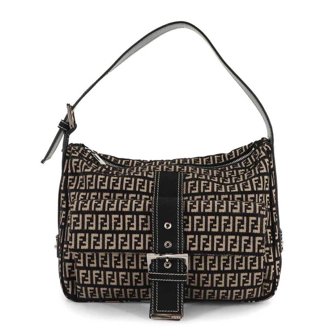 Fendi Zucchino Shoulder Bag, Suede Canvas, Black and Beige, Silver Hardware, 8BR098 (1 of 17)