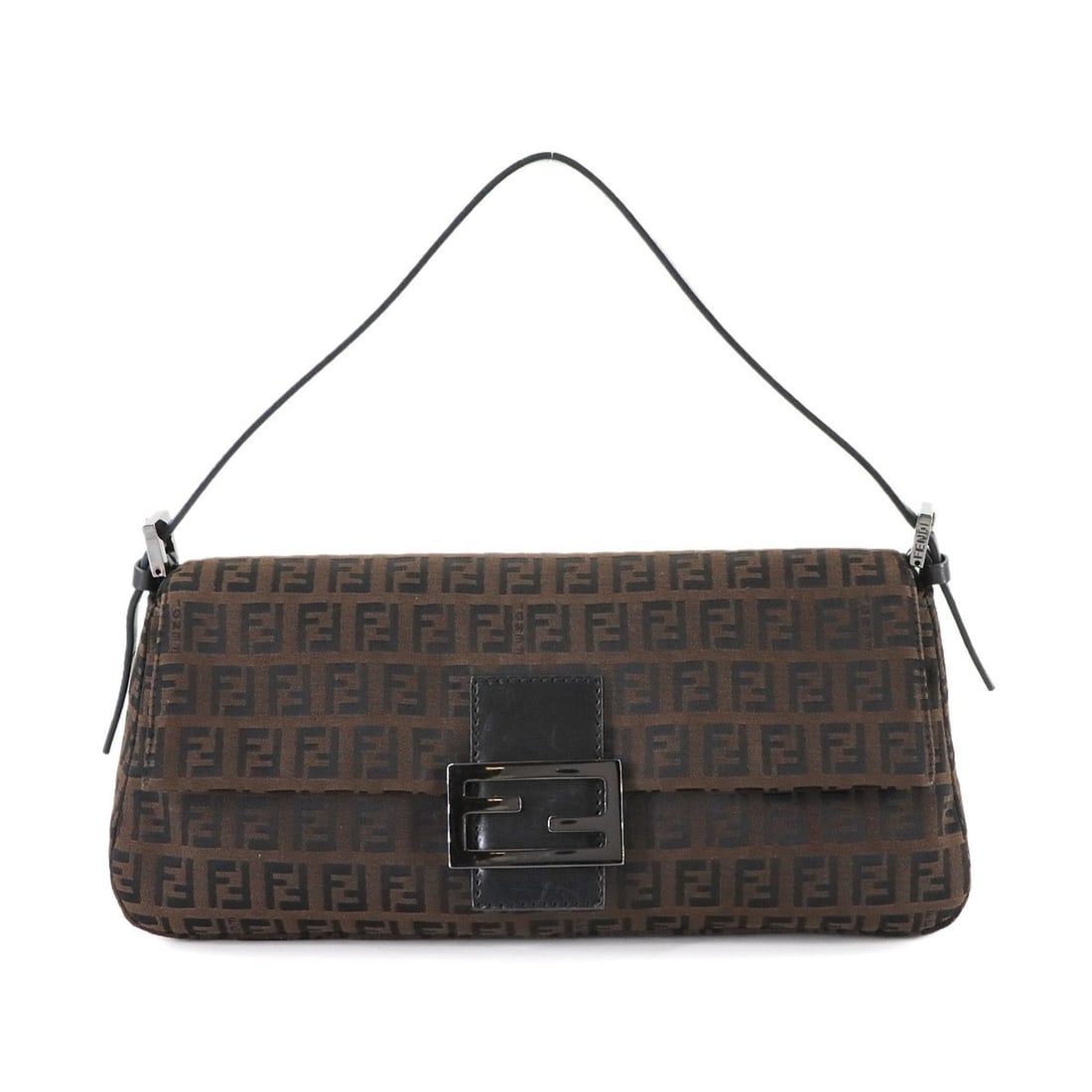 FENDI Zucchino Mamma Bucket Shoulder Bag in Brown and Black Canvas Leather with Gunmetal Hardware: --- Catalog ---Category: SizeSize (HxWxD): 13cm x 30cm x 10cm / 5.11'' x 11.81'' x 3.93''Category: DesignType: Baguette bag, Shoulder bagColor: Black, BrownGender: WomenMaterial: Canvas , Leather Hard