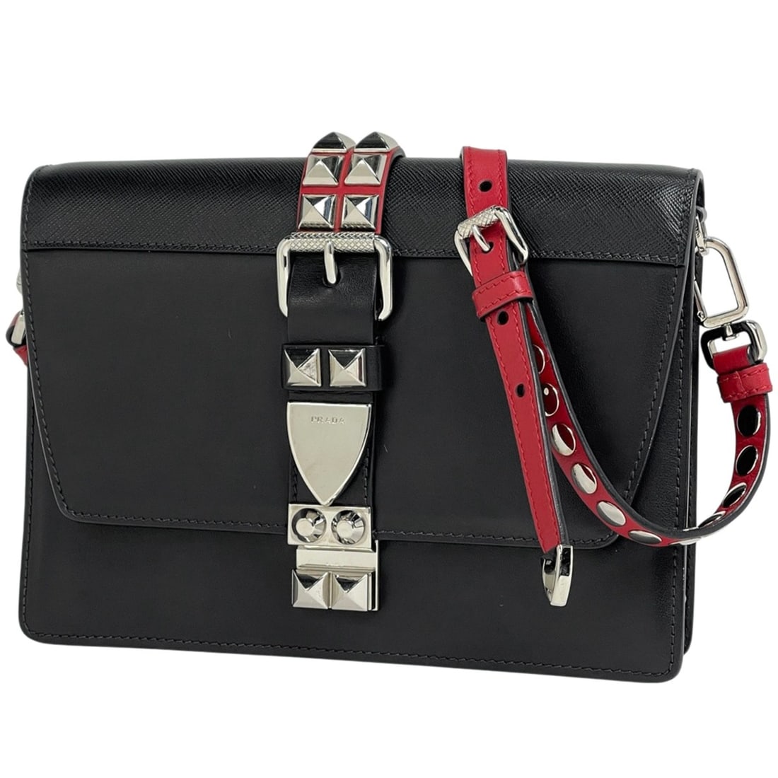 Prada Electra Shoulder Bag with Logo Studs, Leather, Nero (Black) 1BD120, Women's (1 of 9)