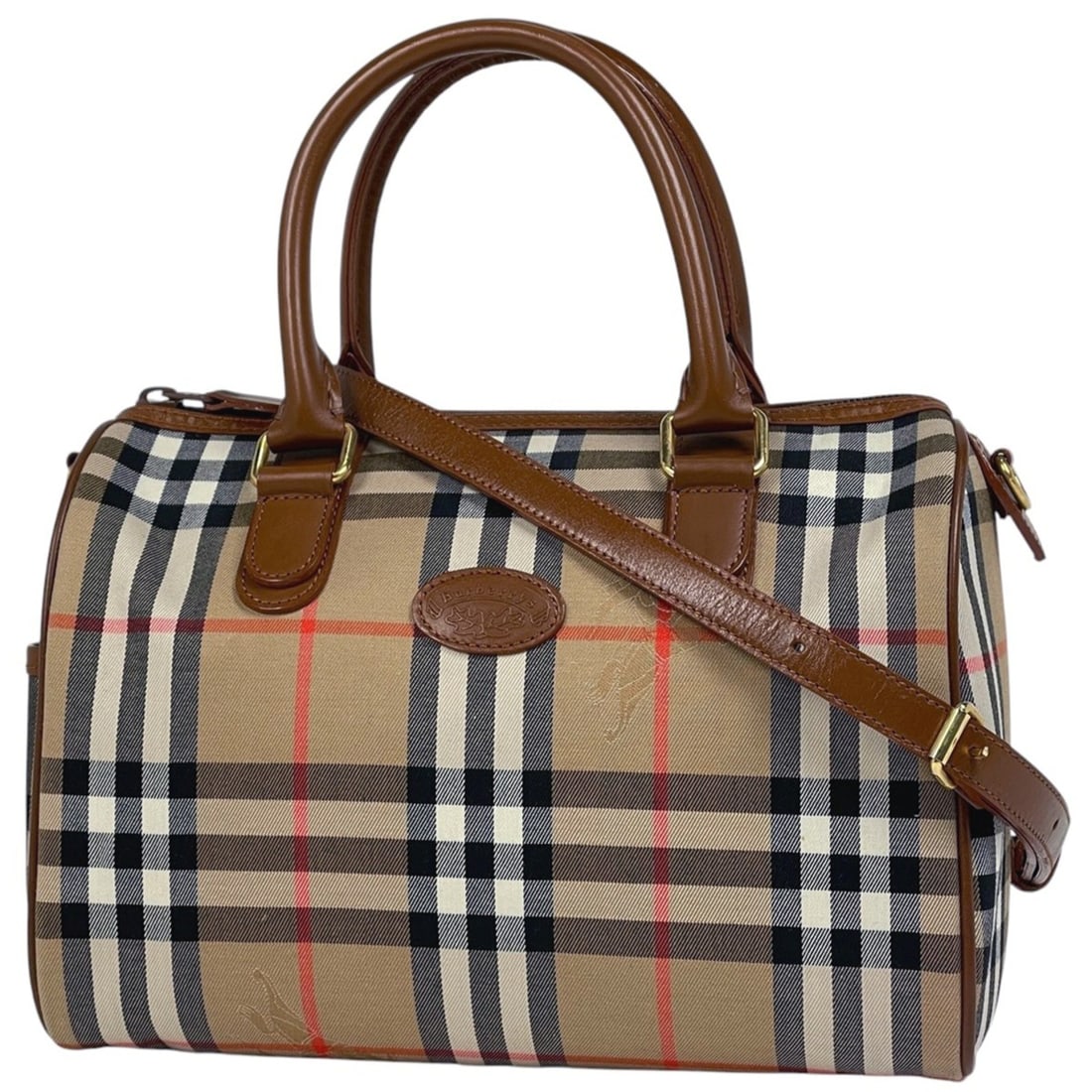 Burberry logo handbag, 2-way shoulder bag, Boston checkered canvas brown, women's (1 of 8)