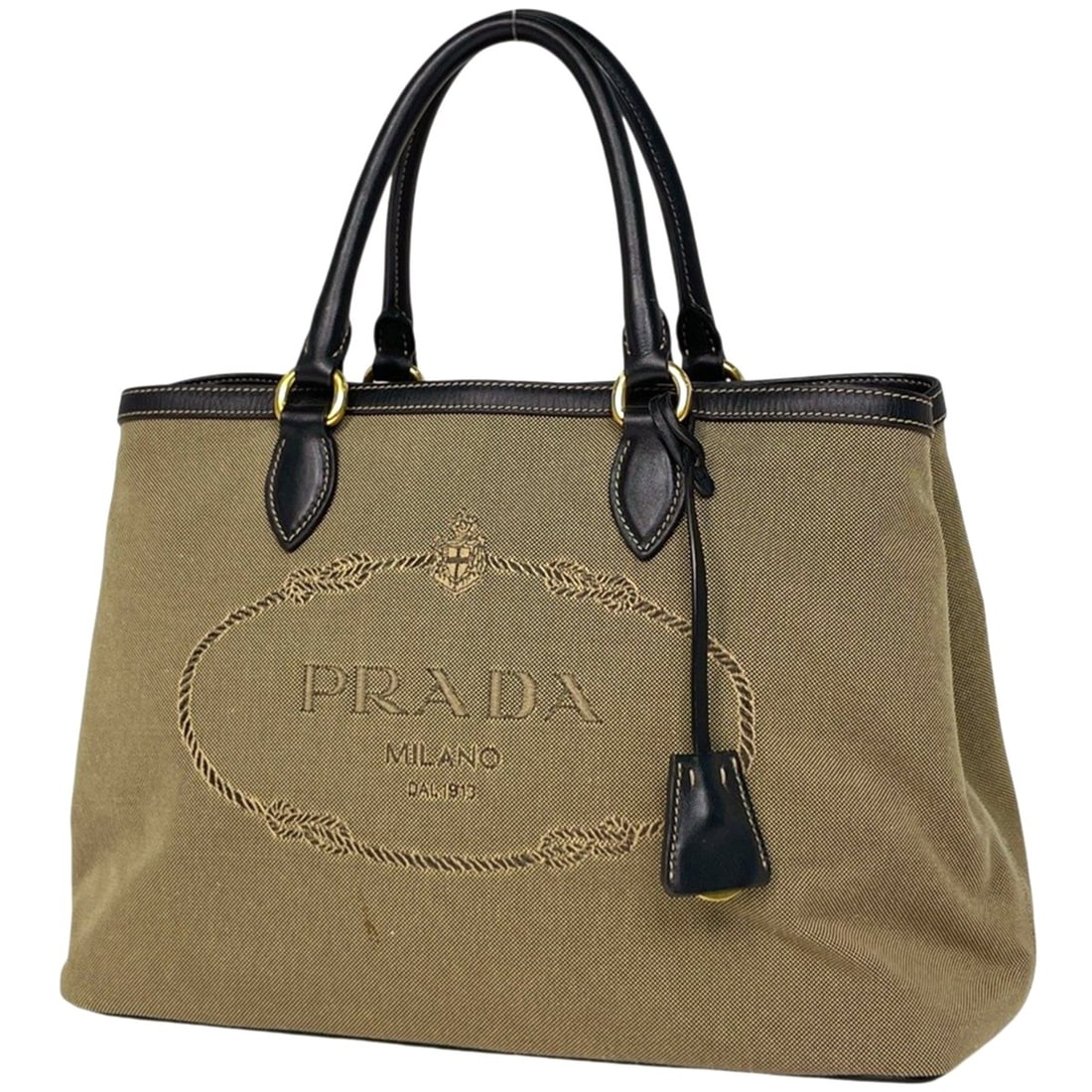 Prada logo jacquard handbag, tote bag, canvas, beige, black, women's (1 of 7)
