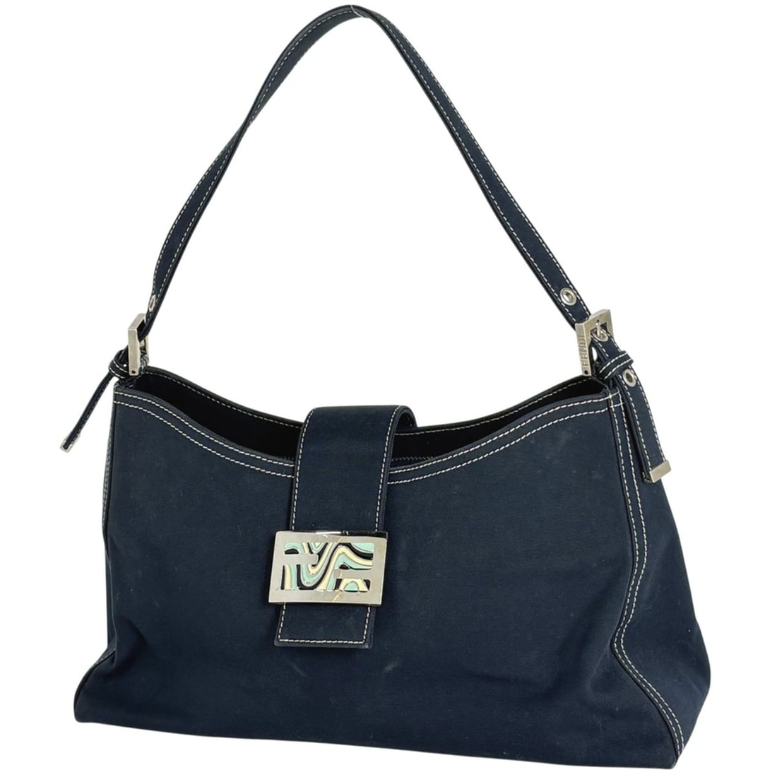Fendi Zucca logo shoulder bag, handbag, one-shoulder canvas, navy, women's (1 of 13)