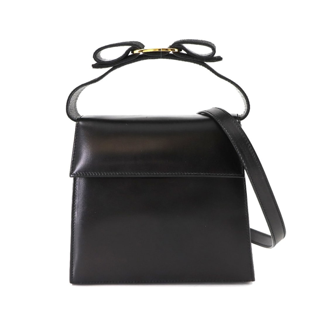 Salvatore Ferragamo Vara Ribbon 2-way Hand/Shoulder Bag in Black Leather with Gold Hardware (Product: --- Catalog ---Category: SizeSize (HxWxD): 15cm x 16.5cm x 6.5cm / 5.9'' x 6.49'' x 2.55''Category: DesignType: Handbag, Shoulder bagColor: BlackGender: WomenMaterial: Leather Hardware Color: GoldCate