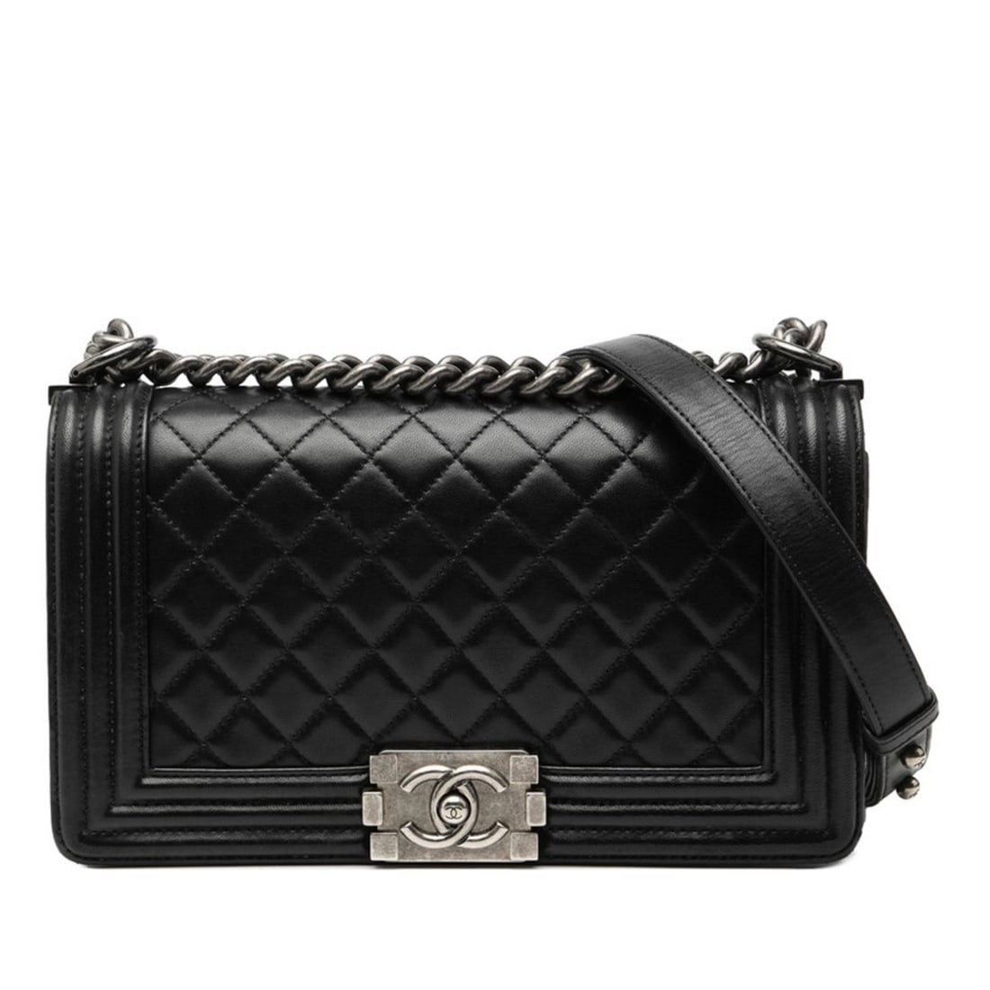 CHANEL Boy Chanel 25 Chain Shoulder Bag in Black Lambskin for Women: --- Catalog ---Category: SizeSize (HxWxD): 15cm x 25cm x 7cm / 5.9'' x 9.84'' x 2.75''Category: DesignType: Shoulder bagColor: BlackGender: WomenMaterial: Leather Leather/Fur Type: LambskinCategory: G