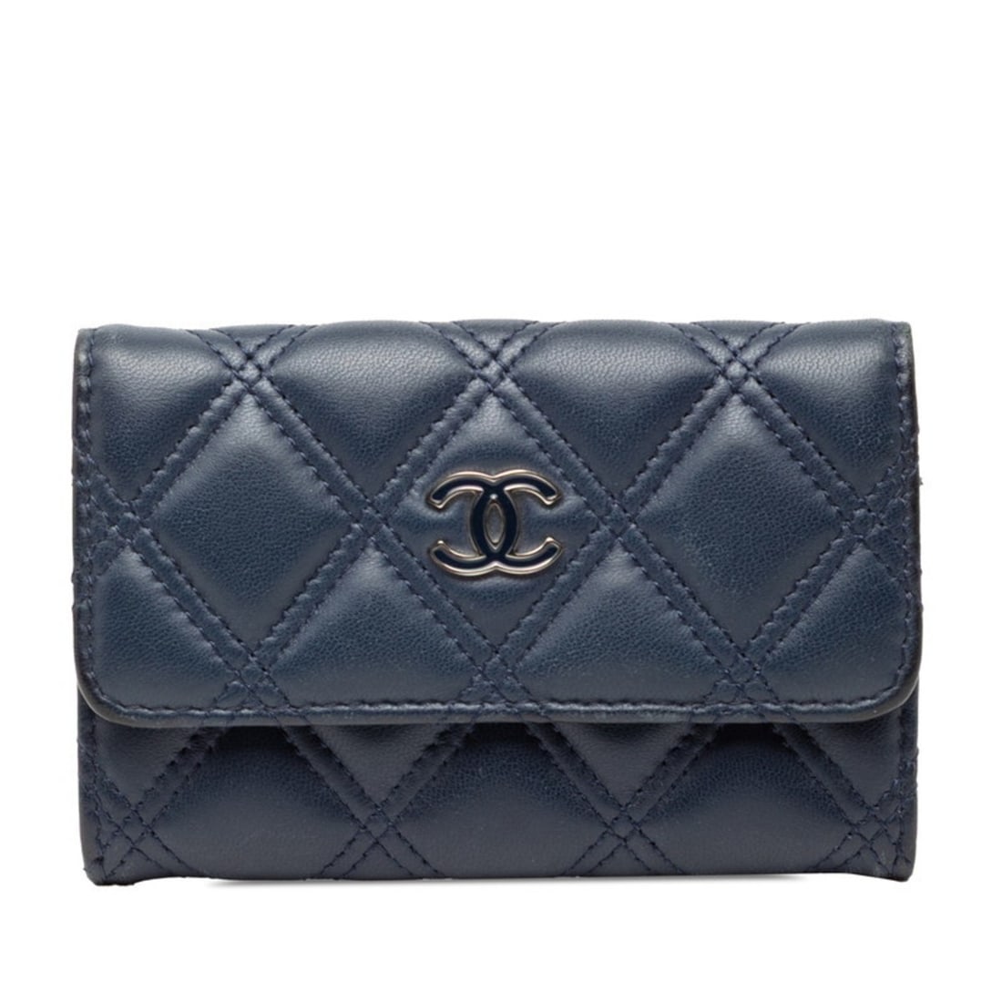 CHANEL Matelasse Coco Mark Business Card Case/Card Case with Coin Purse, Navy Lambskin, Women's (1 of 14)