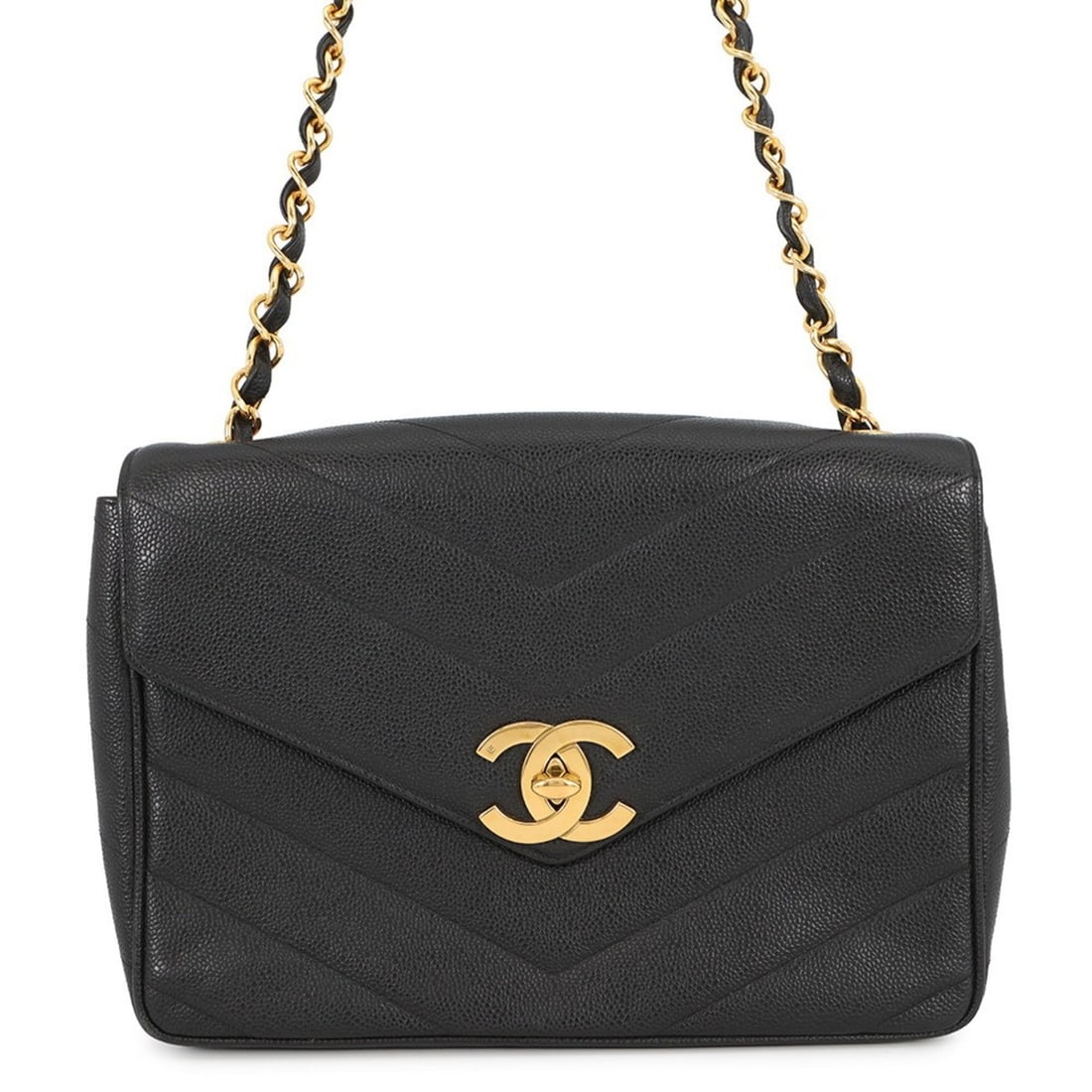 Chanel Chain Shoulder Bag with Chevron, V-Stitching, Deka Coco Mark, and Caviar Leather, Black: --- Catalog ---Category: SizeWeight: 1.01kg / 2.22lb.Size (HxWxD): 23cm x 30.5cm x 8.5cm / 9.05'' x 12'' x 3.34''Strap Length: 111cm / 43.7''Category: DesignType: Shoulder bagColor: BlackGender: Women