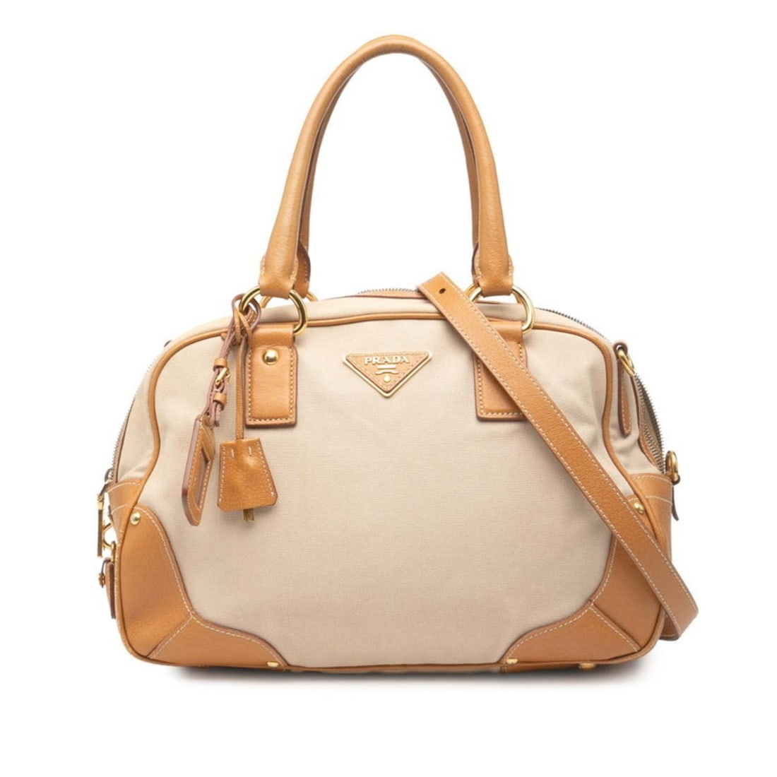 Prada Triangle Logo Plate Mini Boston Bag, Handbag/Shoulder 2-Way, Beige/Brown Canvas/Leather, (1 of 12)