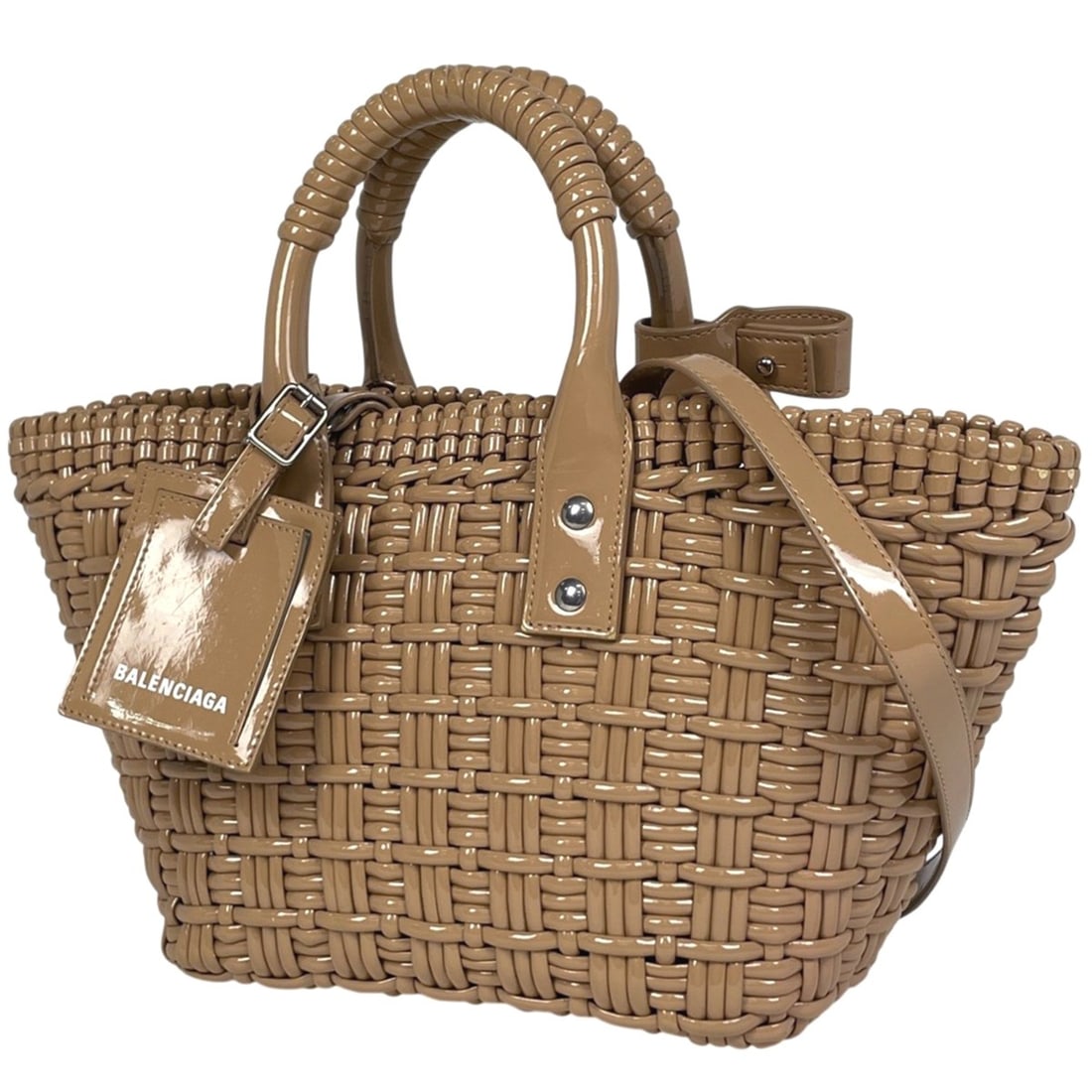 Balenciaga Bistro Basket XS 2-Way Shoulder Bag/Handbag in Patent Leather, Beige, 671342, Women's: --- Catalog ---Category: SizeSize (HxWxD): 20cm x 22cm x 12cm / 7.87'' x 8.66'' x 4.72''Category: DesignType: Basket, Handbag, Shoulder bagColor: BeigeGender: WomenMaterial: Patent leather Category: G