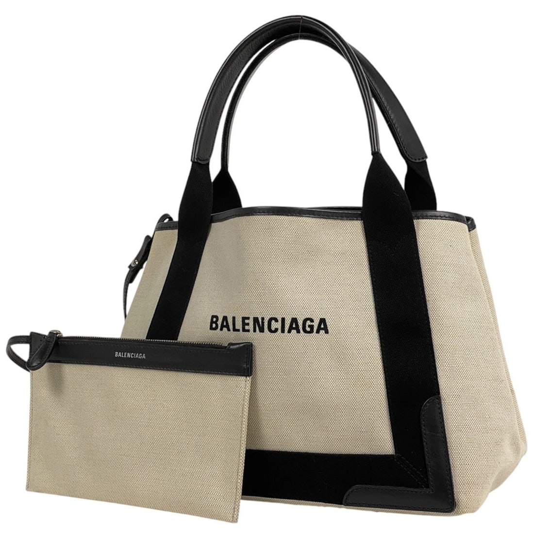 Balenciaga Navy Cabas S Handbag/Shoulder Tote Bag in Natural and Black Canvas (339933) for Women: --- Catalog ---Category: SizeSize (HxWxD): 24cm x 30cm x 17cm / 9.44'' x 11.81'' x 6.69''Category: DesignType: Handbag, Tote bagColor: BlackGender: WomenMaterial: Canvas , Leather Category: GeneralBra