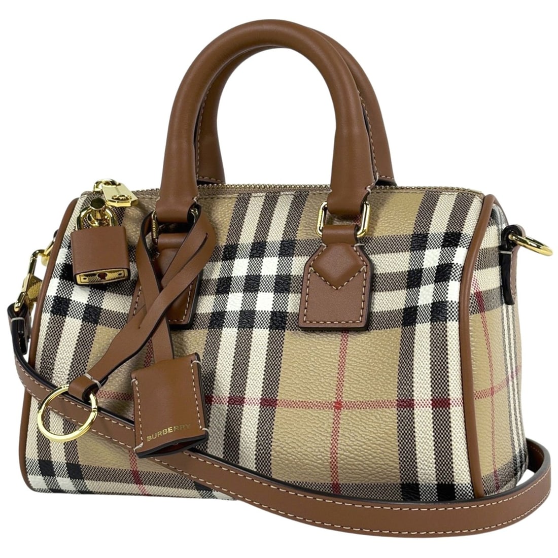 Burberry Check Pattern Handbag, 2-Way Shoulder Bag, Mini Boston Coated Canvas, Brown, Women's (1 of 10)