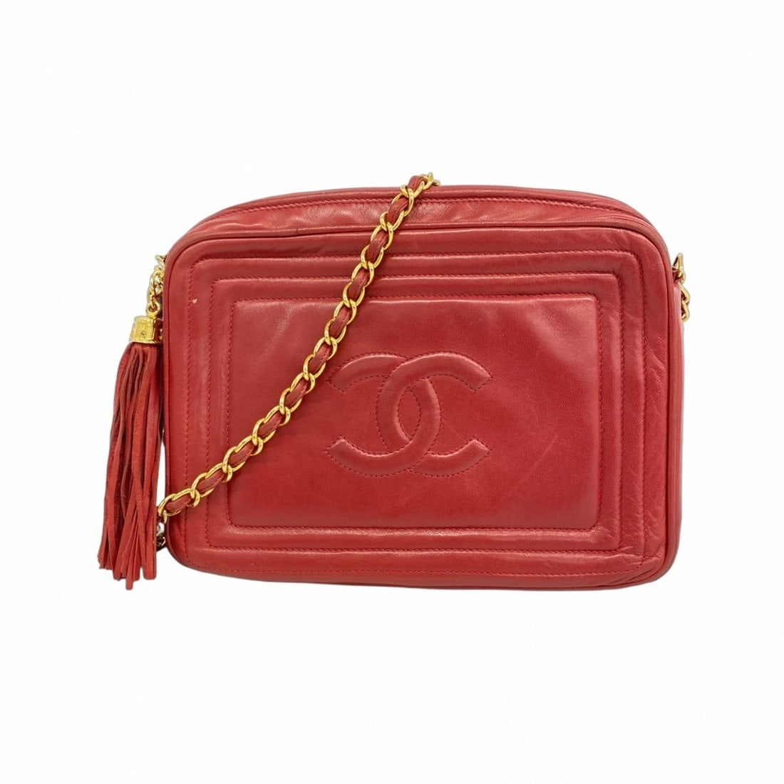 Chanel Shoulder Bag with Chain Bag, Lambskin, Red, Women's (1 of 14)