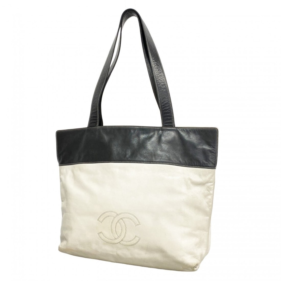 Chanel tote bag lambskin white black women's (1 of 12)