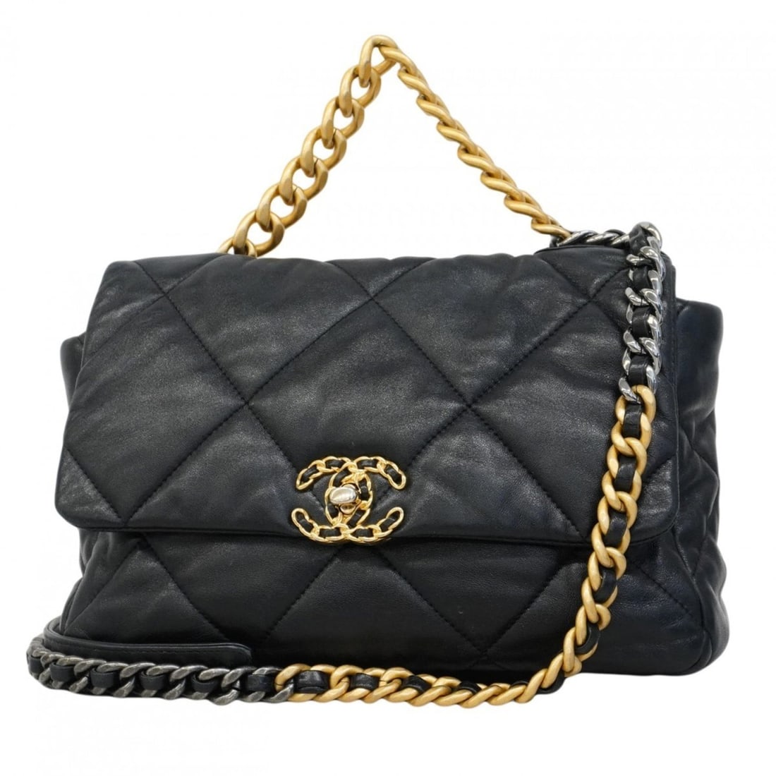 Chanel 19 Lambskin Handbag with Chain Shoulder Strap, Black and Gold, 2-Way Bag for Women (1 of 19)