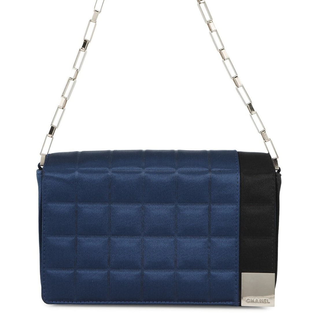 CHANEL Chocolate Bar Satin Chain Shoulder Bag: --- Catalog ---Category: SizeSize (HxWxD): 12.5cm x 19cm x 4.5cm / 4.92'' x 7.48'' x 1.77''Category: DesignType: Shoulder bagColor: Black, BlueGender: WomenMaterial: Satin Category: GeneralBrand: Chan