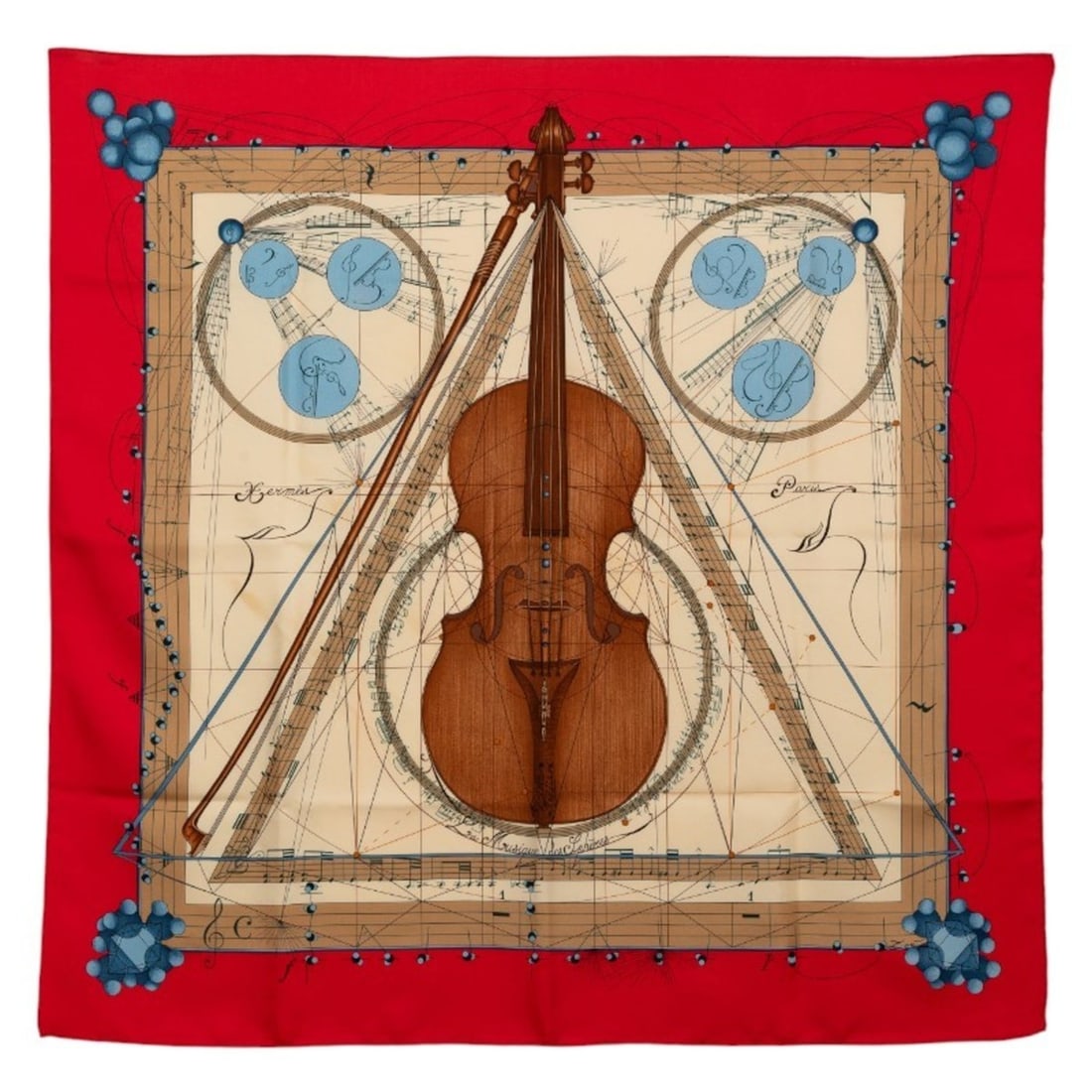 Hermes Hermès Carré 90 "La Musique des spheres" (Music of the Spheres) scarf/muffler in red and: --- Catalog ---Category: SizeSize (LxW): 88cm x 89cm / 34.64'' x 35.03''Category: DesignType: ScarfColor: Multi-color, Red colorGender: WomenMaterial: Silk Category: GeneralBrand: Hermes--- Item List