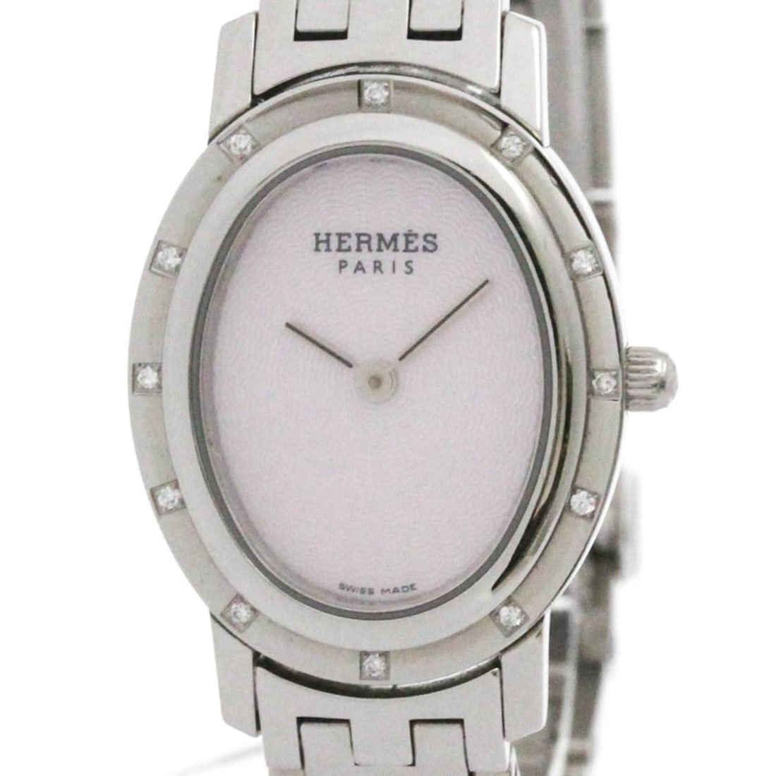 HERMES Clipper Diamond Blue MOP Steel Ladies Watch CO1.230 Polished: --- Catalog ---Category: SizeCase Diameter: 22mm / 0.87''Category: DesignType: WristwatchStyle: Dress/FormalGender: WomenColor (Dial): Pink shellMaterial (Band): Stainless steelMaterial (Case):