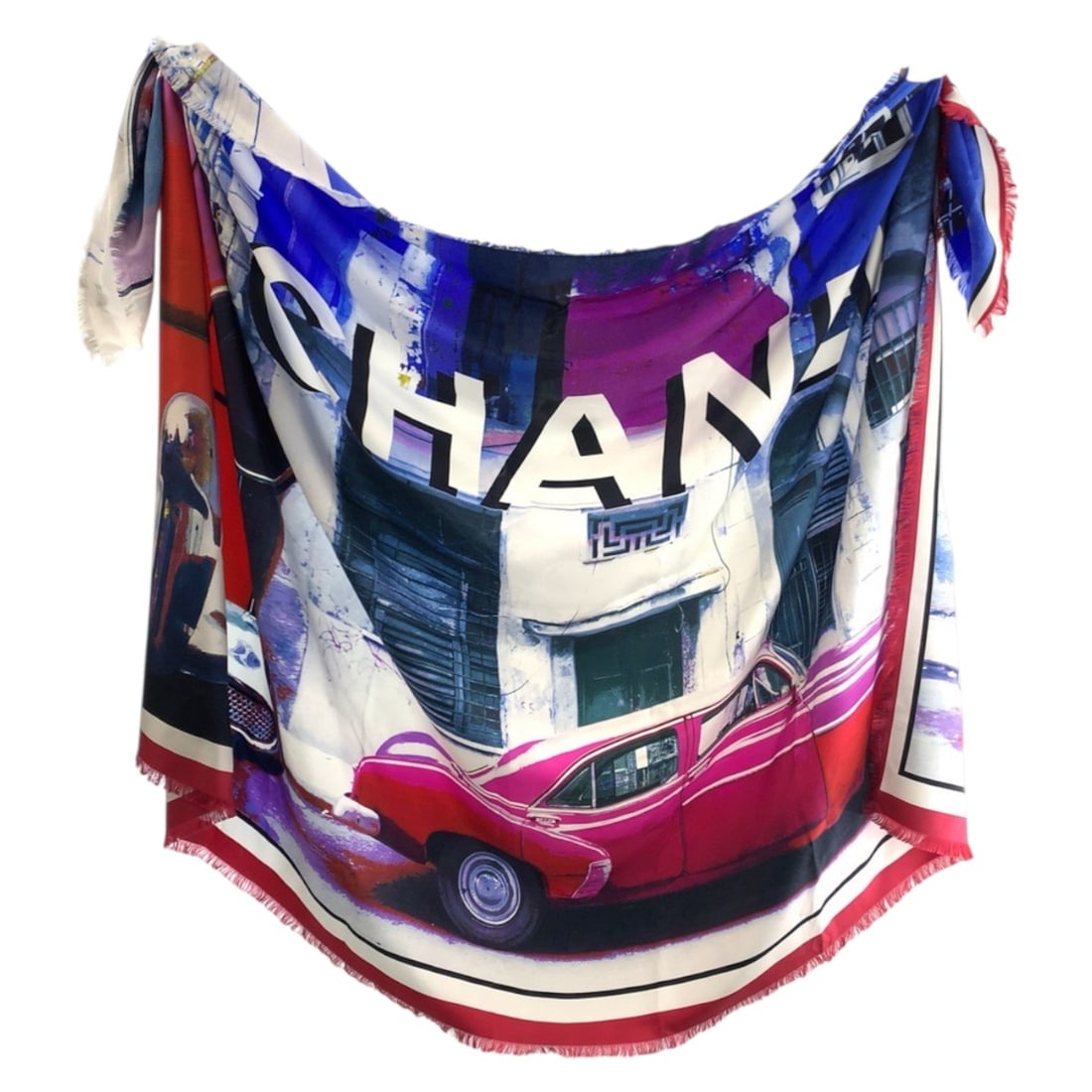 CHANEL Large Silk Scarf/Stole in Blue, White, and Red, Unisex, Women's: --- Catalog ---Category: SizeSize (LxW): 1.88m x 1.33m / 74.01'' x 52.36''Category: DesignType: ScarfColor: Blue, Red color, WhiteGender: Women,MenMaterial: Silk Category: GeneralBrand: ChanelCountry