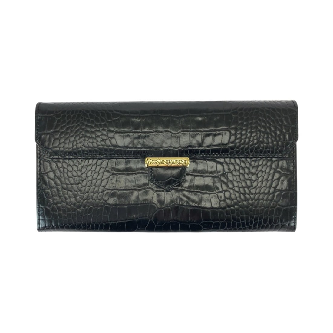 YVES SAINT LAURENT Vintage Embossed Black Leather Long Wallet with Gold Hardware for Women (1 of 14)