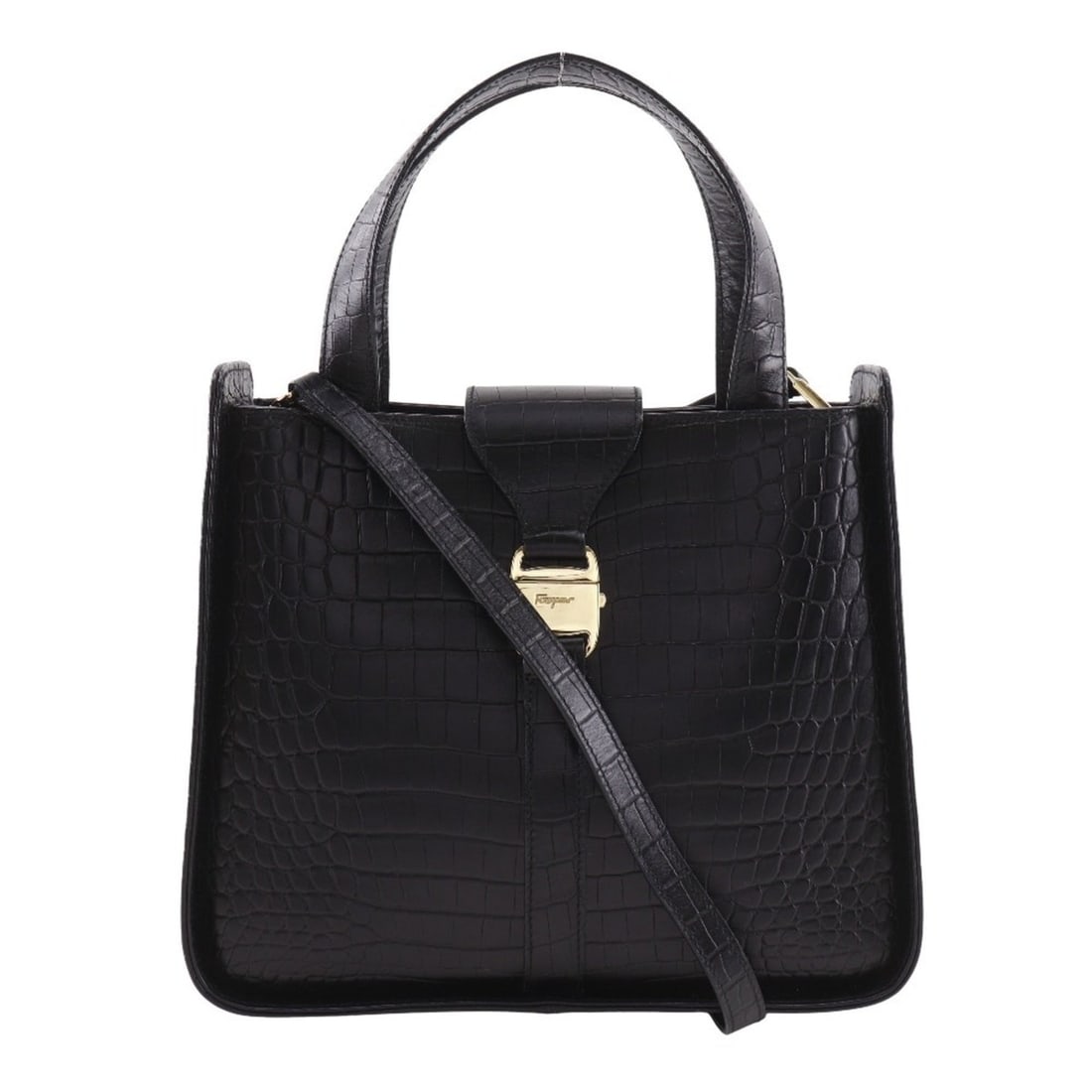 Salvatore Ferragamo logo handbag 2-way shoulder bag DY-21 0239 embossed leather black A5 open (1 of 19)