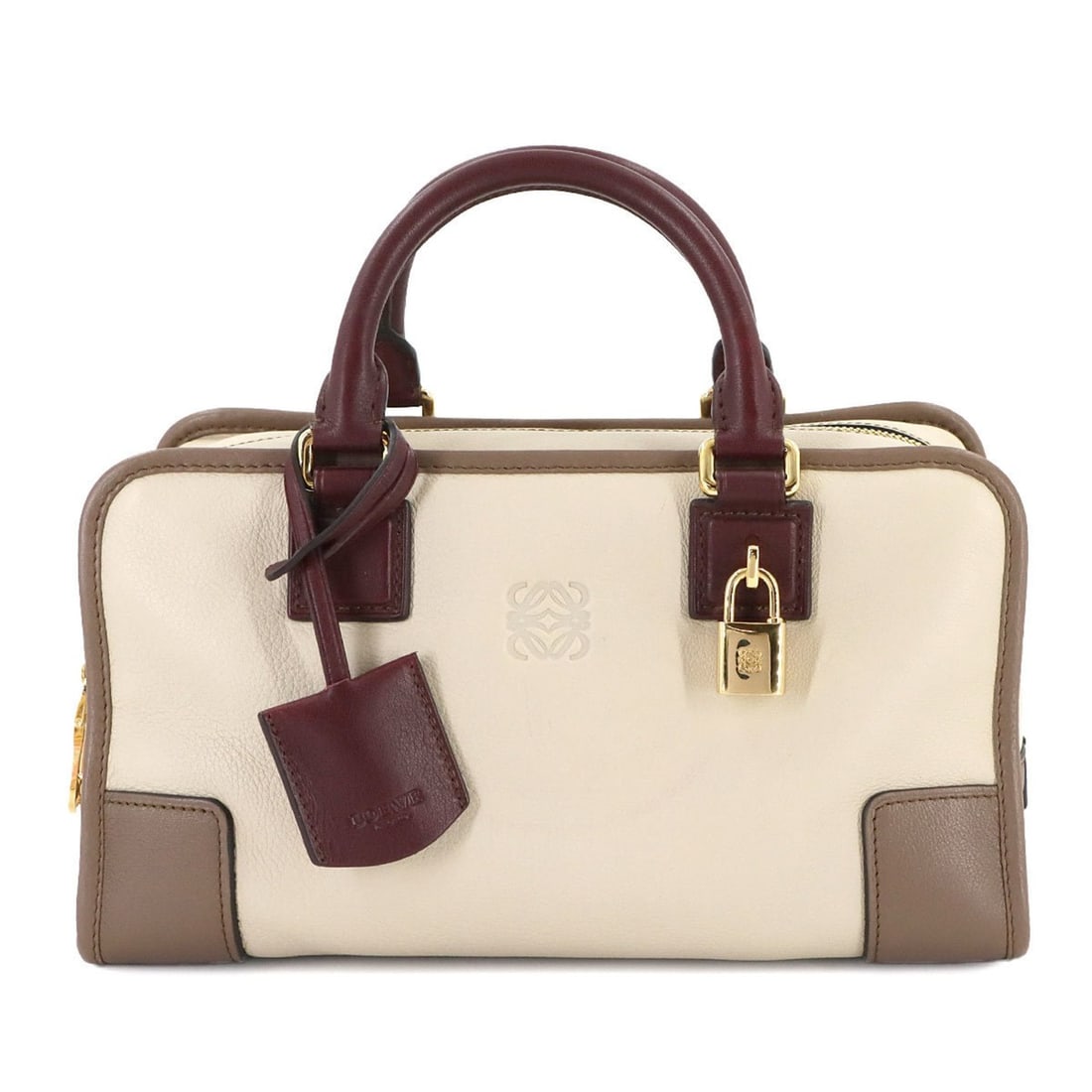 LOEWE Amazona 28 Handbag in Beige, Brown, Bordeaux, and Gold Hardware: --- Catalog ---Category: SizeSize (HxWxD): 17cm x 29cm x 13cm / 6.69'' x 11.41'' x 5.11''Category: DesignType: HandbagColor: Beige, Bordeaux, BrownGender: WomenMaterial: Leather Category: GeneralBrand