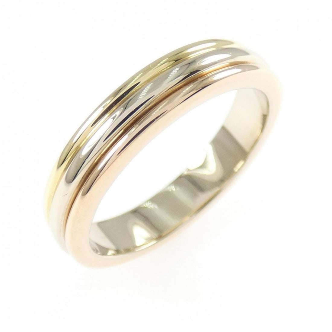 Cartier Three-Gold Wedding Ring: --- Catalog ---Category: SizeUS Size: 4.5Brand Size: 48Category: DesignType: Wedding ringColor: Pink gold, White gold, Yellow goldGender: WomenMaterial: Pink gold (18K), White gold (18K), Yellow gold