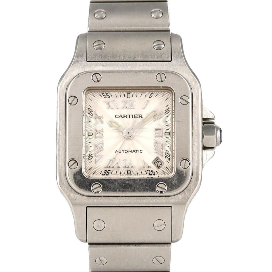 Cartier Santos Galbe SM W20044D6 Stainless Steel Automatic Watch: --- Catalog ---Category: SizeWrist Size: 15.5cm / 6.1''Case Diameter: 24mm / 0.94''Category: DesignType: WristwatchGender: WomenColor (Dial): SilverMaterial (Band): Stainless steelMaterial (Case): Sta
