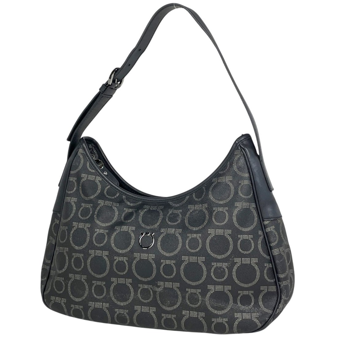 Salvatore Ferragamo Gancini shoulder bag, all-over print, one-shoulder coated canvas, black, for: --- Catalog ---Category: SizeSize (HxWxD): 17cm x 30cm x 10cm / 6.69'' x 11.81'' x 3.93''Category: DesignType: Shoulder bagColor: BlackGender: WomenMaterial: Coated canvas , Leather Category: GeneralB