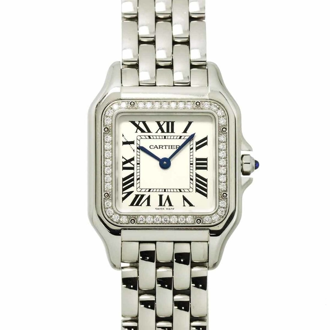 Cartier Panthère de MM W4PN0008 Boys' Watch with Diamond Bezel, Silver Quartz Movement: --- Catalog ---Category: SizeWrist Size: 17cm / 6.69''Case Diameter: 27mm / 1.06''Category: DesignType: WristwatchGender: BoysColor (Dial): SilverMaterial (Band): Stainless steelMaterial (Case): Stain