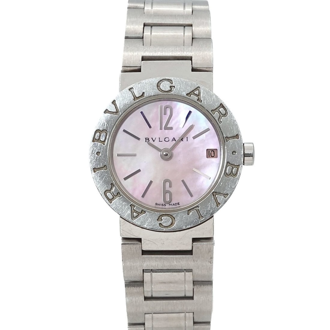 BVLGARI BB23SS Women's Watch with Date, Pink Shell, and Quartz Movement: --- Catalog ---Category: SizeWrist Size: 14.5cm / 5.7''Case Diameter: 23mm / 0.91''Category: DesignType: WristwatchGender: WomenColor (Dial): Pink shellMaterial (Band): Stainless steelMaterial (Case):