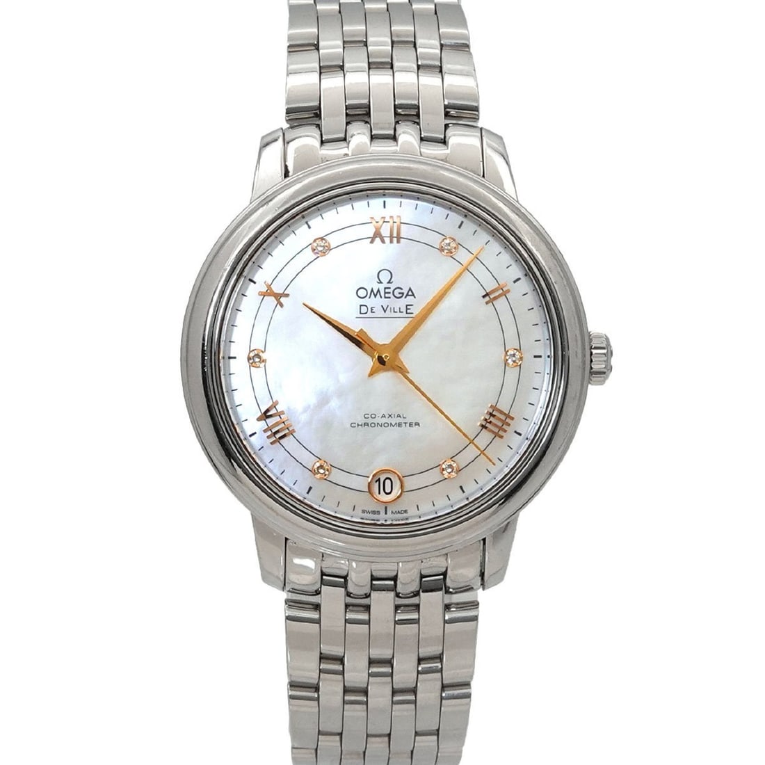 OMEGA DeVille Prestige 424 10 33 20 55 002 Women's Watch with Date Display, 6 Diamonds, White Shell,: --- Catalog ---Category: SizeWrist Size: 15.5cm / 6.1''Case Diameter: 33mm / 1.3''Category: DesignType: WristwatchGender: WomenColor (Dial): Silver, White shellMaterial (Band): Stainless steelMaterial