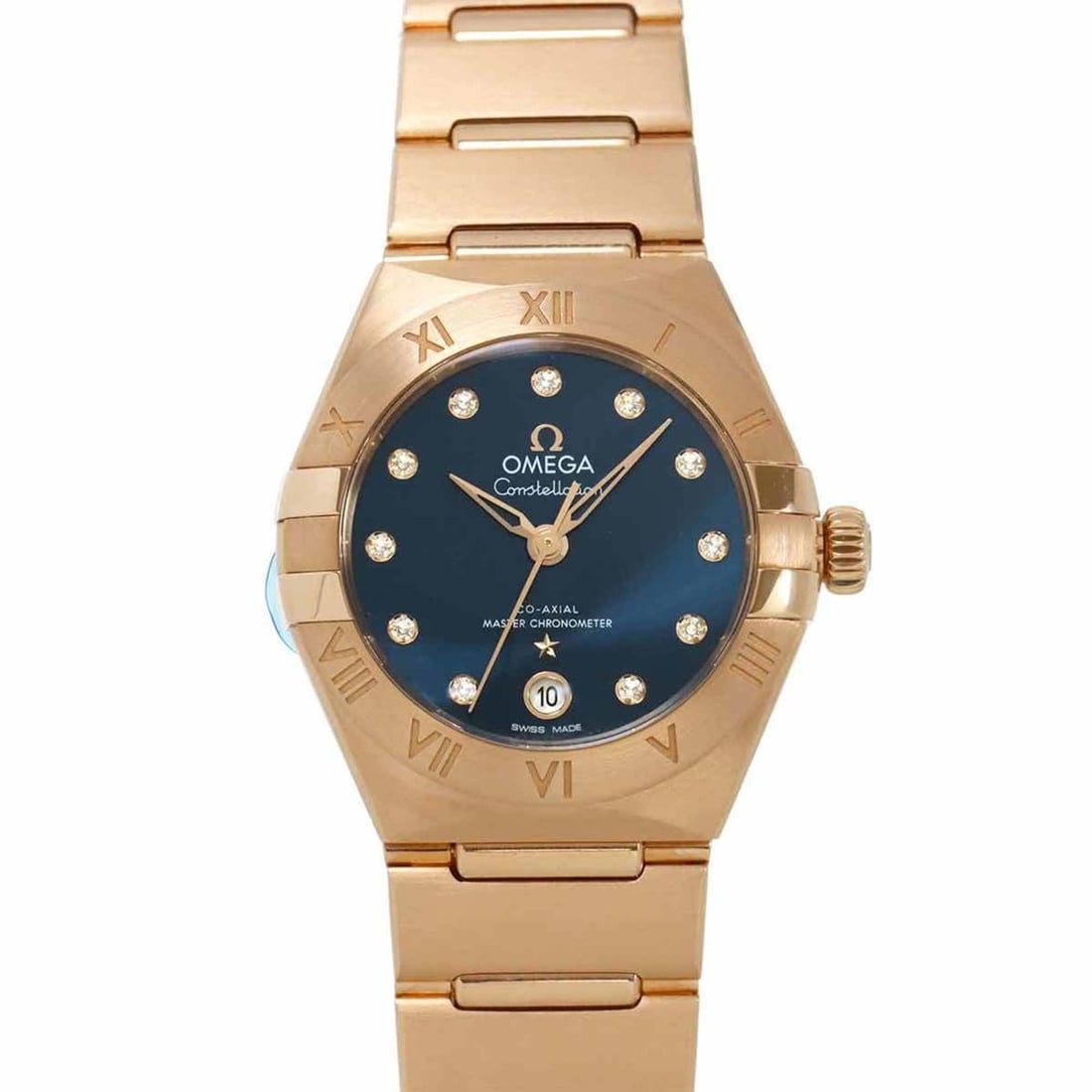 OMEGA Constellation Co-Axial 131 50 29 20 53 001 Women's Watch with 11 Diamonds, Date Display, Blue: --- Catalog ---Category: SizeWrist Size: 17cm / 6.69''Case Diameter: 29mm / 1.14''Category: DesignType: WristwatchGender: WomenColor (Dial): BlueMaterial (Band): Pink gold (18K)Material (Case): Pink g