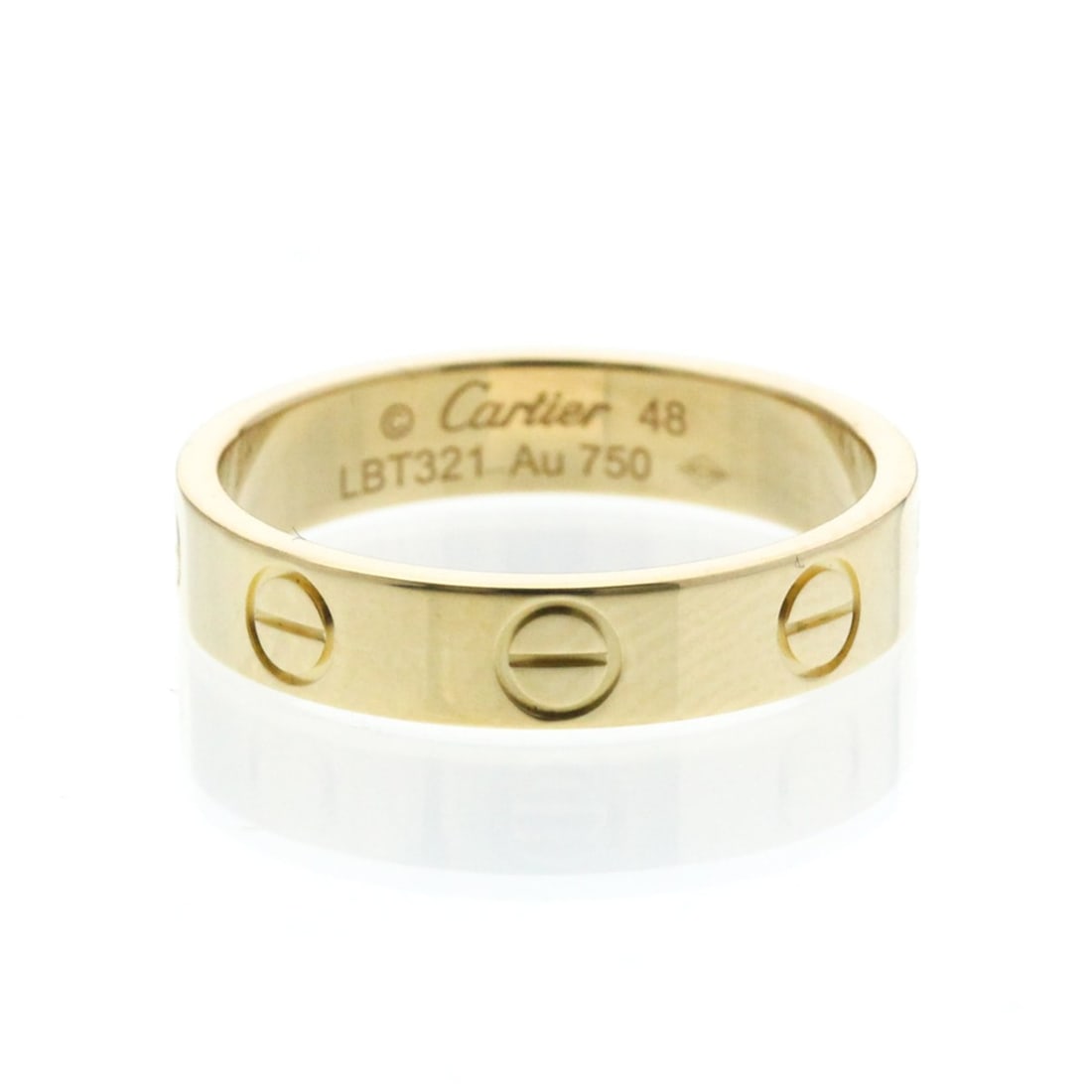 Cartier Mini Love Ring Yellow Gold (18K) Fashion No Stone Band Ring Gold: --- Catalog ---Category: SizeWidth: 3.6mm / 0.14''Weight: 3g / 0.1oz.JP Size: 8US Size: 4 1/2Brand Size: 48Category: DesignType: Band ringColor: GoldMetal: GoldStone: No StoneStyle: FashionGender: Wom