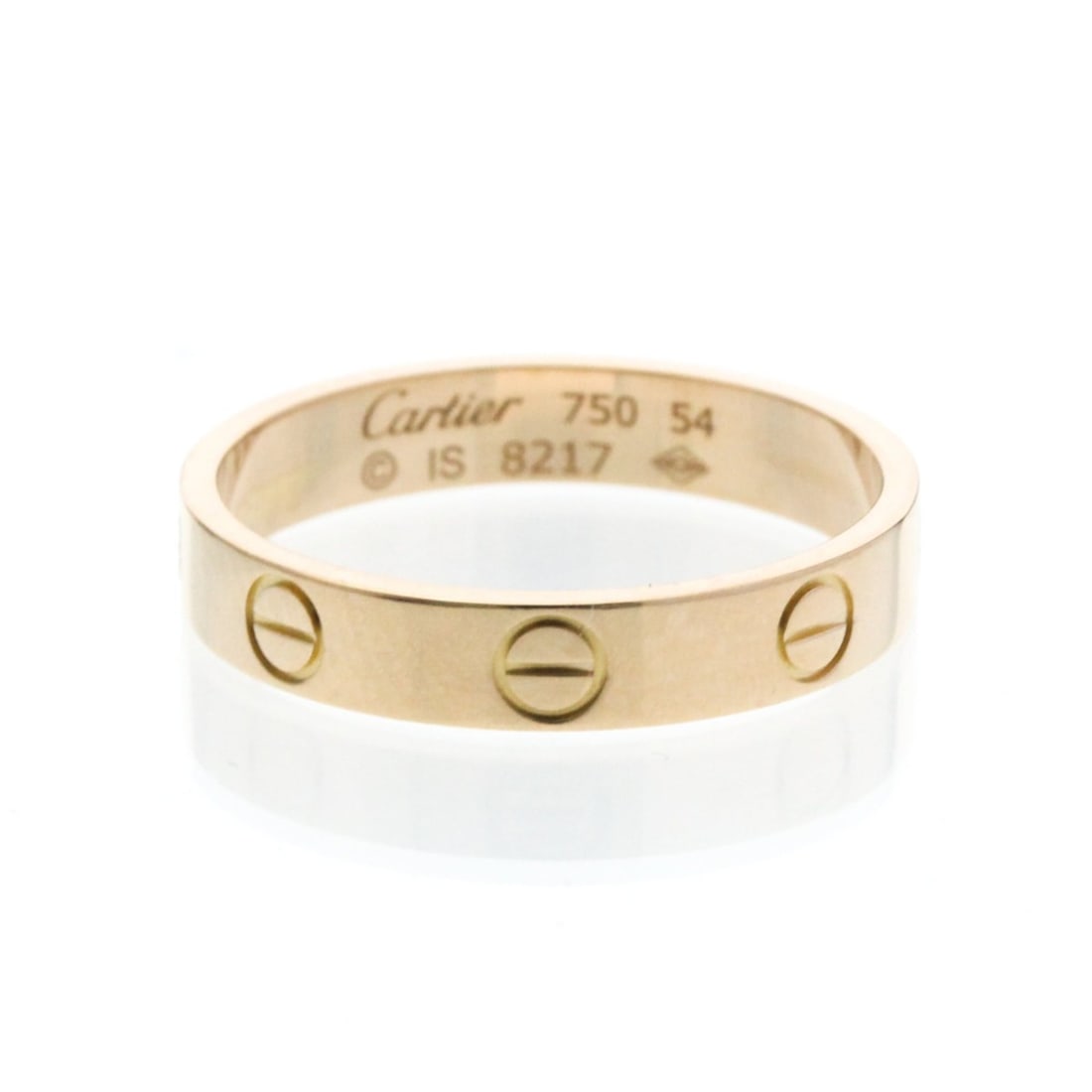 Cartier Mini Love Ring Pink Gold (18K) Fashion No Stone Band Ring Pink Gold: --- Catalog ---Category: SizeWidth: 3.6mm / 0.14''Weight: 3.2g / 0.11oz.JP Size: 14US Size: 6 3/4Brand Size: 54Category: DesignType: Band ringColor: Pink goldMetal: GoldStone: No StoneStyle: FashionGe
