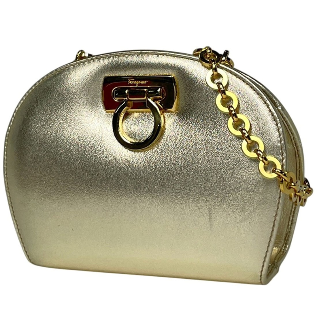 Salvatore Ferragamo Gancini Chain Shoulder Bag, 2-Way Pouch, Leather, Gold, Women's: --- Catalog ---Category: SizeSize (HxWxD): 13cm x 13.5cm x 6cm / 5.11'' x 5.31'' x 2.36''Category: DesignType: Pouch, Shoulder bagColor: GoldGender: WomenMaterial: Leather Category: GeneralBrand: Salv