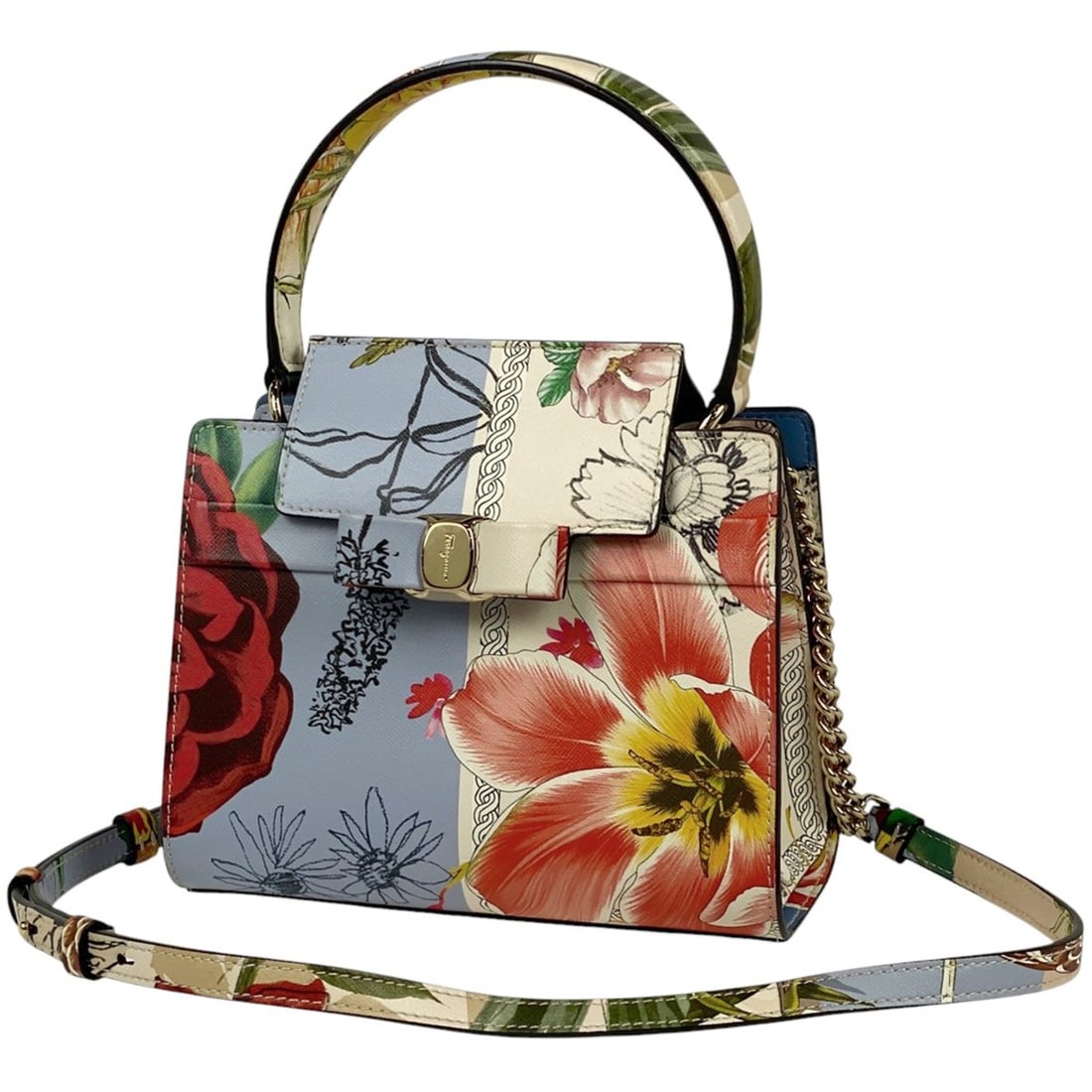 Salvatore Ferragamo Vara Ribbon Handbag, 2-Way Shoulder Bag, Floral Print Leather Blue Multicolor,: --- Catalog ---Category: SizeSize (HxWxD): 15.5cm x 19.5cm x 9cm / 6.1'' x 7.67'' x 3.54''Category: DesignType: Handbag, Shoulder bagColor: Blue, Multi-colorGender: WomenMaterial: Leather Category: Ge
