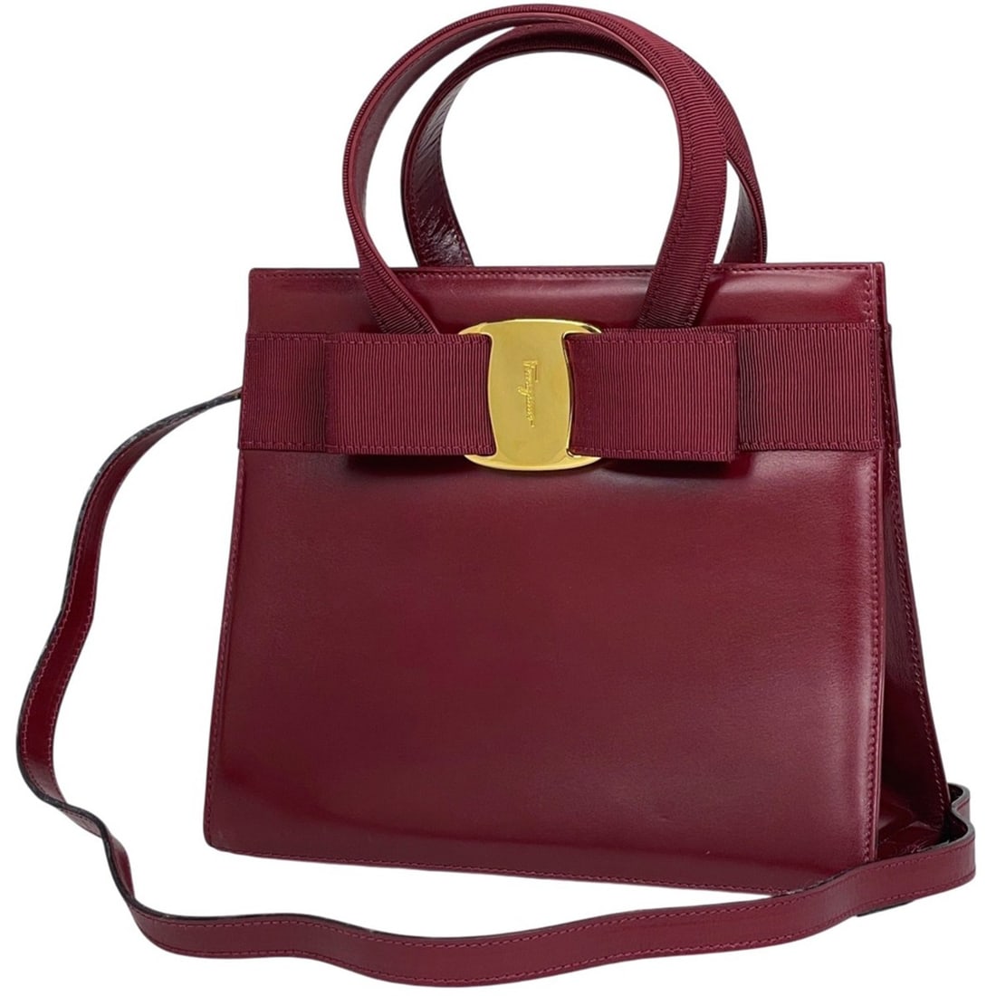 Salvatore Ferragamo Vara Ribbon Handbag, 2-Way Shoulder Bag, Leather, Red, 4178, Women's (1 of 13)