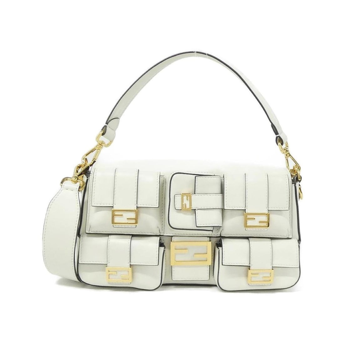 Fendi Baguette Multi-Pocket Shoulder Bag 8BR808 ABVE: --- Catalog ---Category: SizeSize (HxWxD): 16cm x 27cm x 6cm / 6.29'' x 10.62'' x 2.36''Category: DesignType: Shoulder bagColor: WhiteGender: WomenMaterial: Leather Hardware Color: GoldLeather/Fur Typ