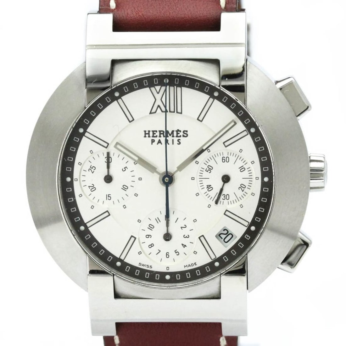 HERMES Nomade Chronograph Steel Auto Quartz Mens Watch NO1.910 Polished: --- Catalog ---Category: SizeCase Diameter: 39mm / 1.54''Category: DesignType: WristwatchStyle: SportGender: MenColor (Dial): SilverMaterial (Band): LeatherMaterial (Case): Stainless steelCategory: Ge
