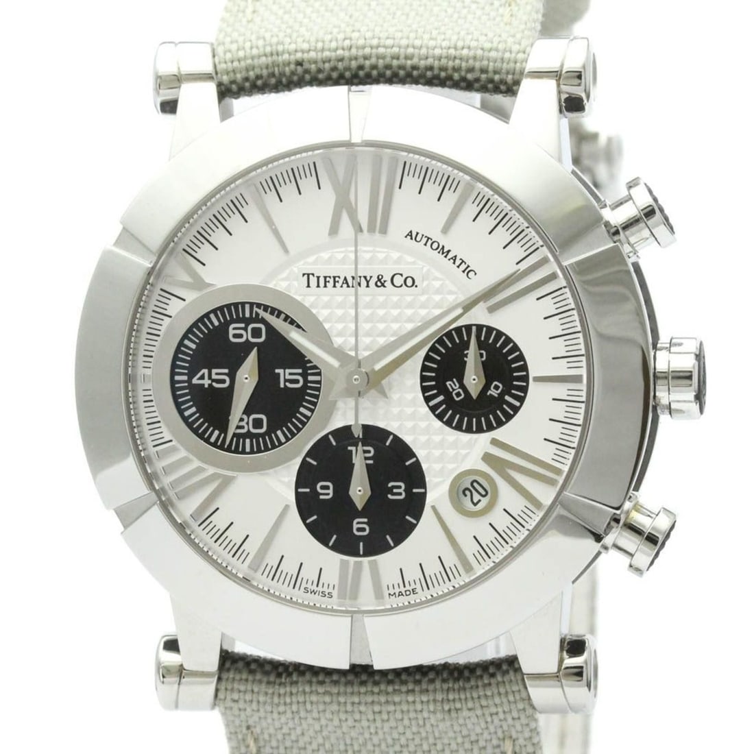 TIFFANY Atlas Chronograph Automatic Watch Z1000.82.12A21A71A Polished: --- Catalog ---Category: SizeCase Diameter: 42mm / 1.65''Category: DesignType: WristwatchStyle: SportGender: MenColor (Dial): SilverMaterial (Band): LeatherMaterial (Case): Rubber, Stainless steelCate