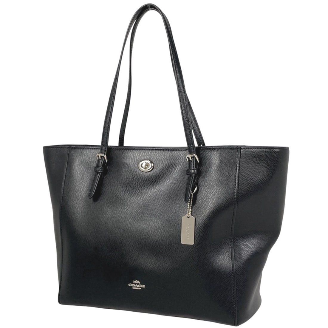 Coach Logo Turnlock Tote Bag, Leather, Black, 37142, Women's: --- Catalog ---Category: SizeSize (HxWxD): 28.5cm x 32cm x 14.5cm / 11.22'' x 12.59'' x 5.7''Category: DesignType: Tote bagColor: BlackGender: WomenMaterial: Leather Category: GeneralBrand: Coach--- I