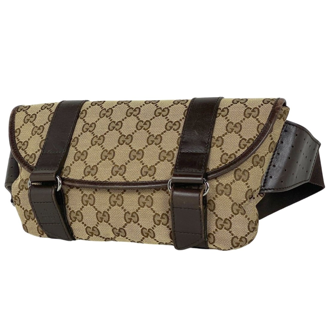 Gucci GG pattern waist bag/body bag in brown canvas (145851) for women: --- Catalog ---Category: SizeSize (HxWxD): 17cm x 24cm x 2cm / 6.69'' x 9.44'' x 0.78''Category: DesignType: Fanny pack, Sling bagColor: BrownGender: WomenMaterial: GG canvas , Leather Category: Gener
