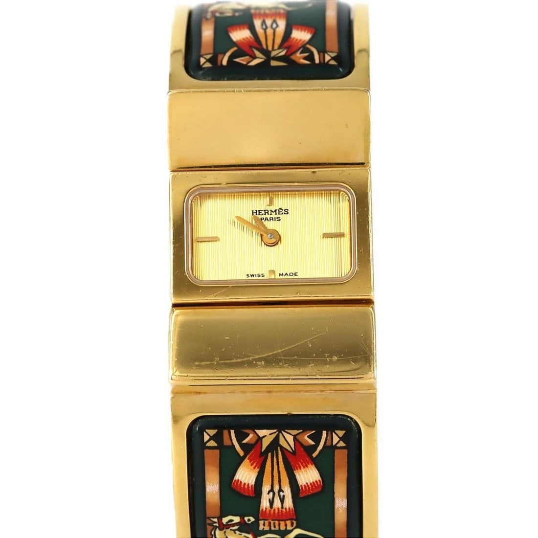 Hermès Roquet Enamel GP LO1.201 Quartz Watch: --- Catalog ---Category: SizeWrist Size: 15.5cm / 6.1''Case Diameter: 19mm / 0.75''Category: DesignType: WristwatchGender: WomenColor (Dial): GoldMaterial (Band): Gold platedMaterial (Case): Gold plat