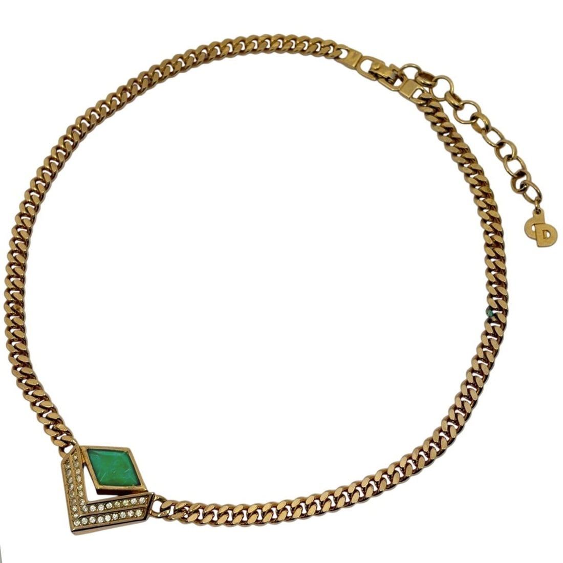 Christian Dior Rhinestone Chain Necklace, Color Stone GP Gold, Green, Women's: --- Catalog ---Category: SizePendant Size: 23mm x 25mm / 0.9'' x 0.98''Neck Circumference: 46.5 cm / 18.3''Category: DesignColor: Gold, GreenGender: WomenMaterial: Gold plating, RhinestoneNecklace