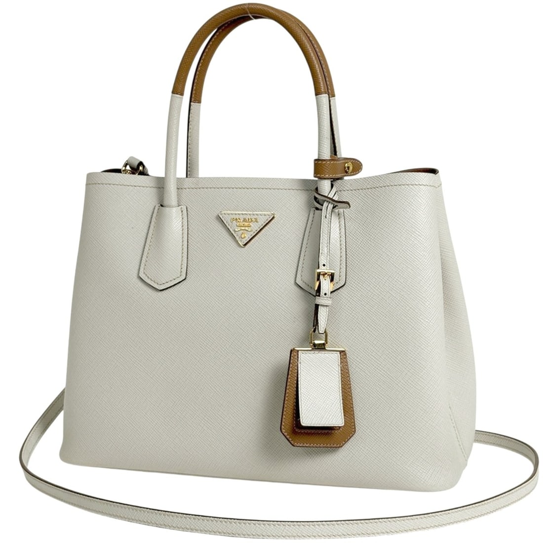 Prada Double Medium Handbag, 2-Way Shoulder Bag, Saffiano Leather, White and Brown, 1BG775, Women's (1 of 11)